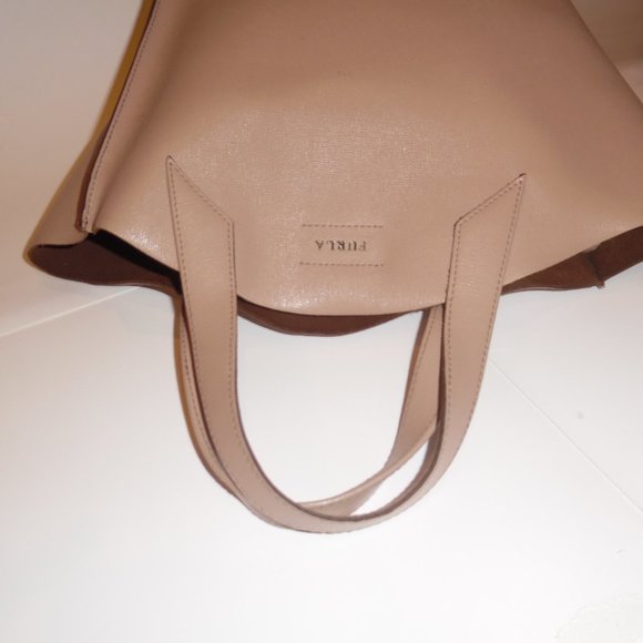 Furla Jucca Small Saffiano Beige Tan Leather Tote Logo Handbag Purse Bag - Picture 9 of 13